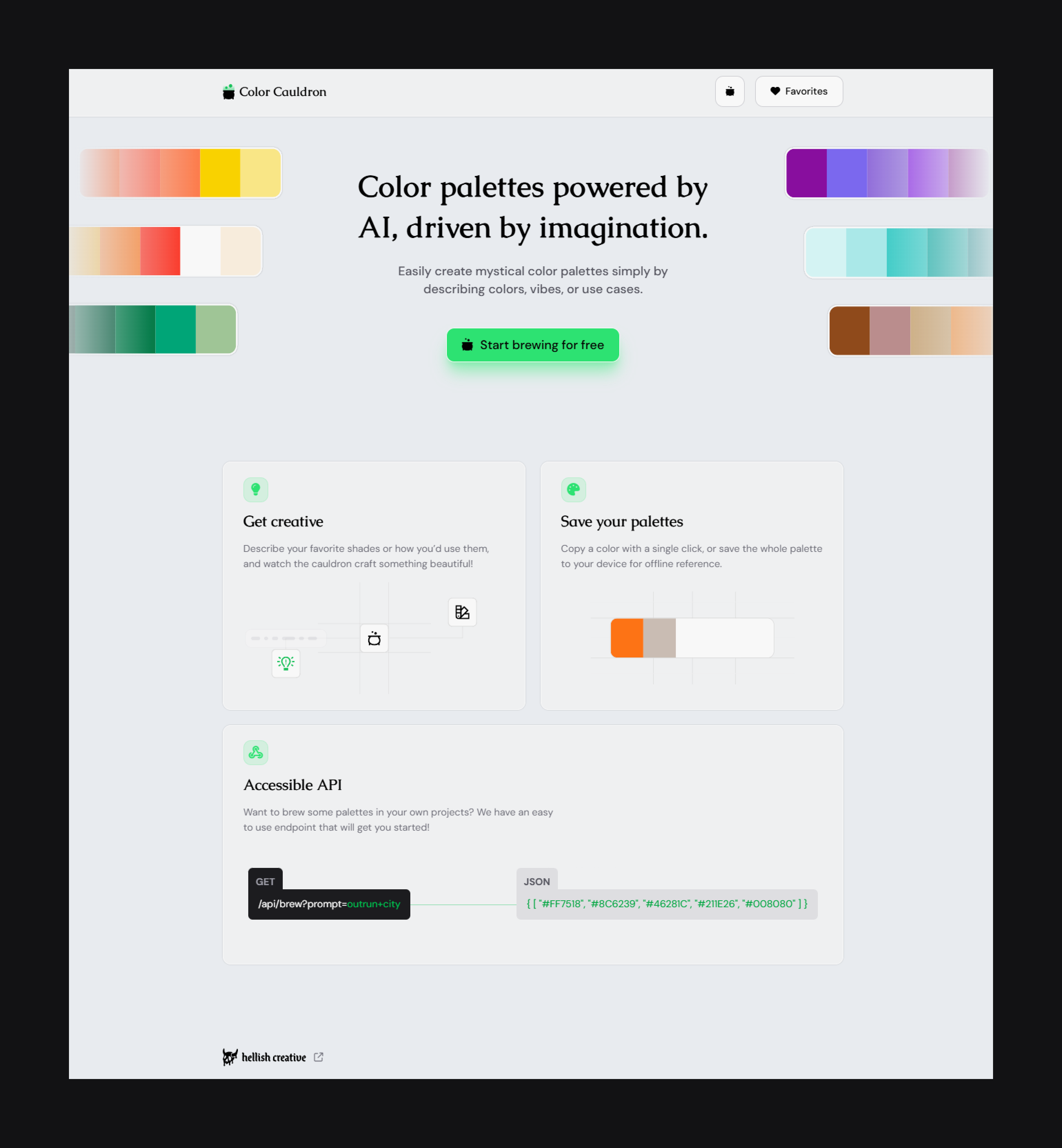 The landing page of Color Cauldron, showing a series of palettes, and a button to create a 'brew' your own palette