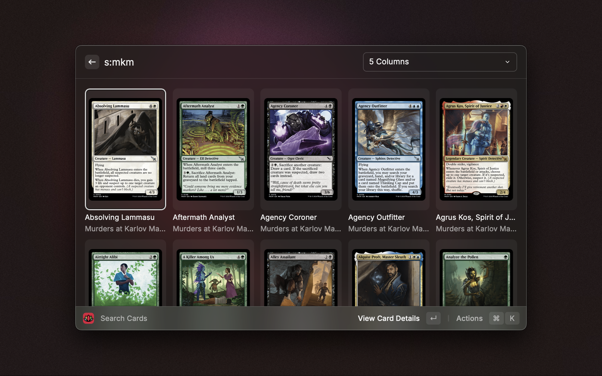 Raycast extension showing MTG cards in a grid.
