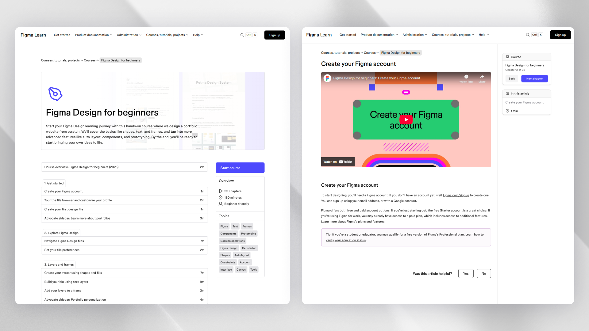 Course hub (left), course article (right)